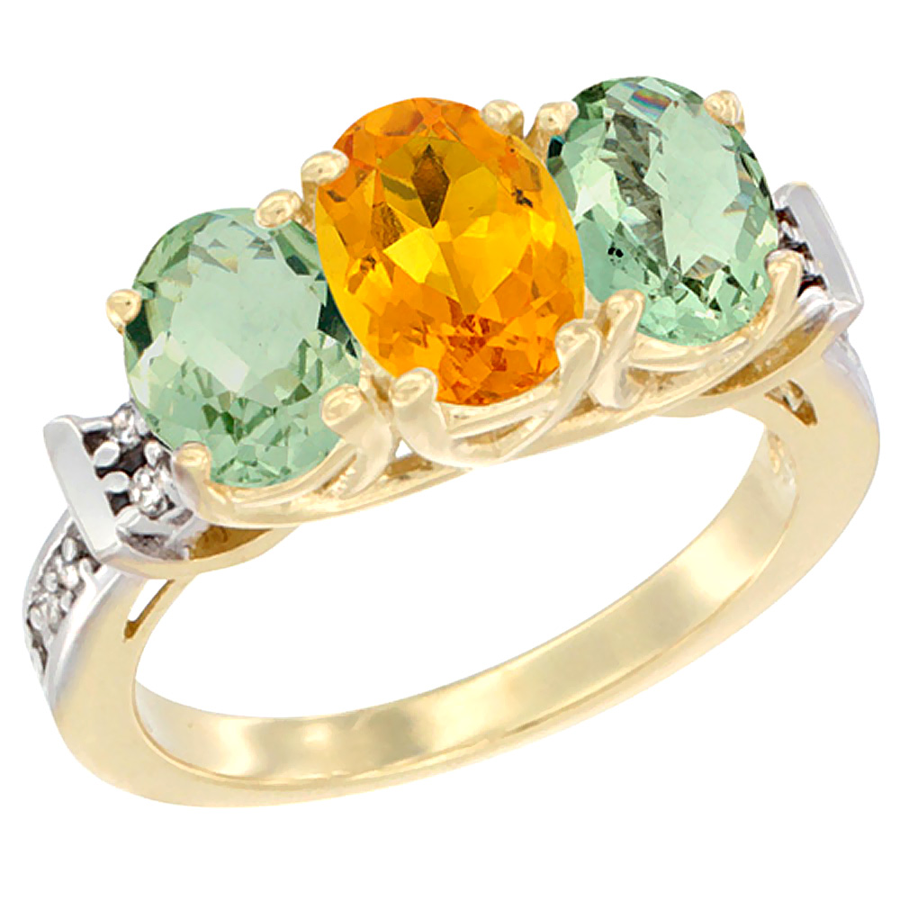 10K Yellow Gold Natural Citrine & Green Amethyst Sides Ring 3-Stone Oval Diamond Accent, sizes 5 - 10