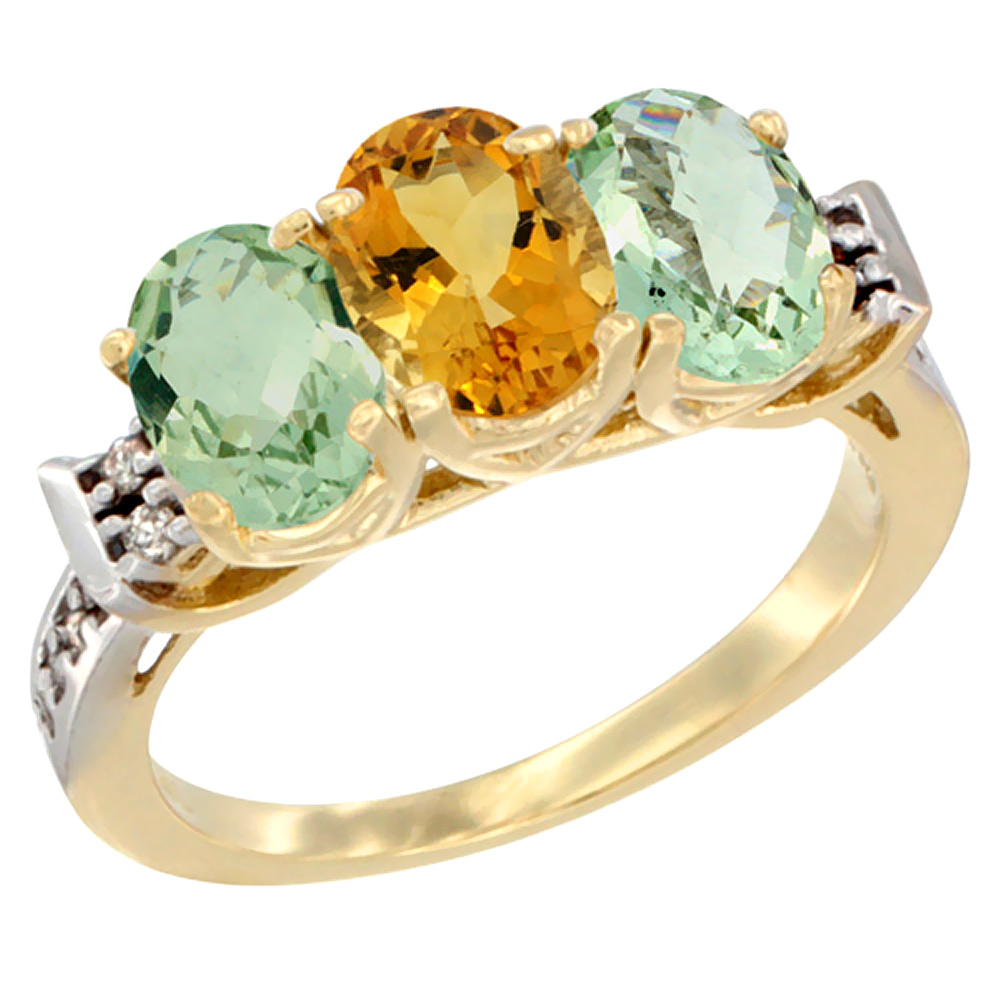 10K Yellow Gold Natural Citrine & Green Amethyst Sides Ring 3-Stone Oval 7x5 mm Diamond Accent, sizes 5 - 10