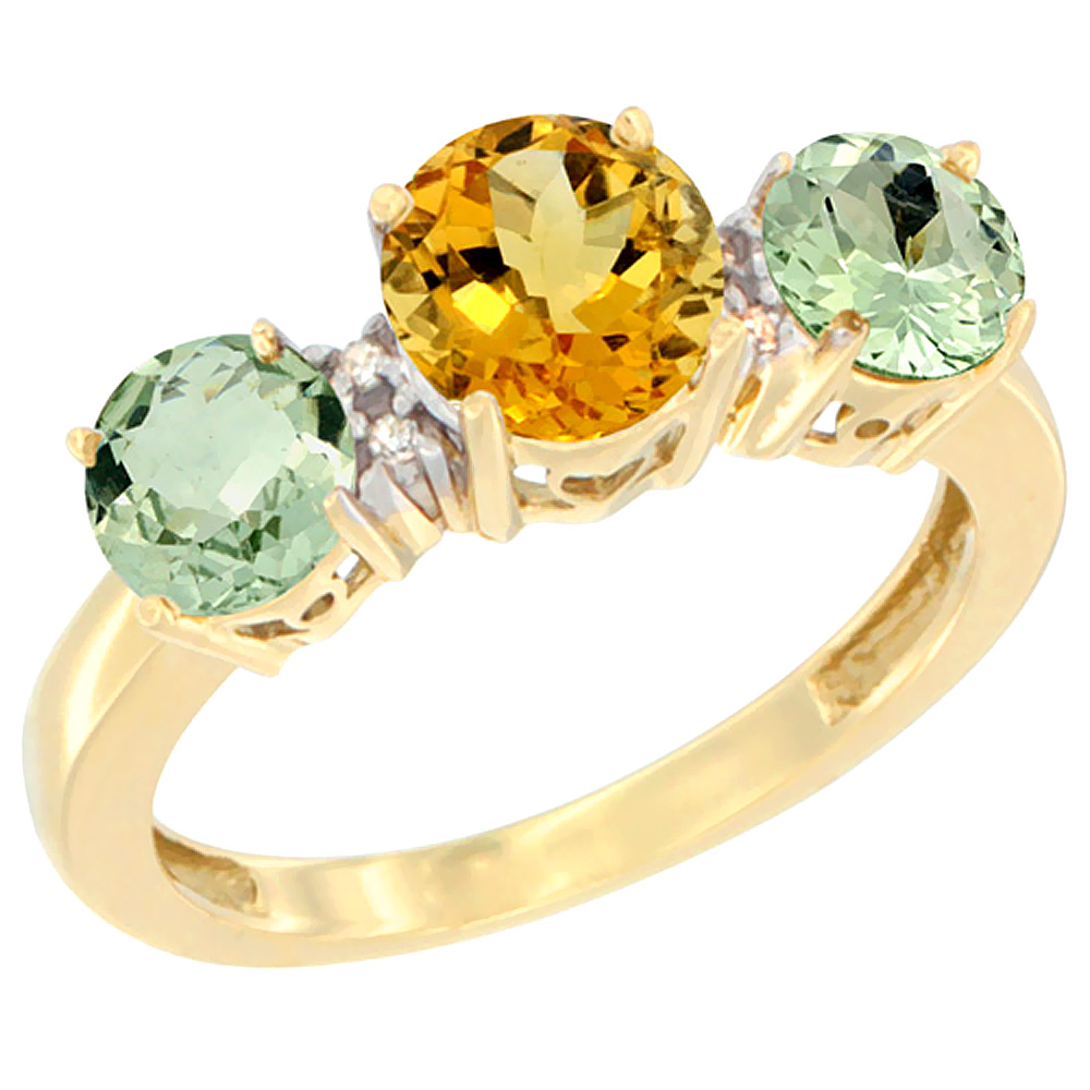 10K Yellow Gold Round 3-Stone Natural Citrine Ring & Green Amethyst Sides Diamond Accent, sizes 5 - 10