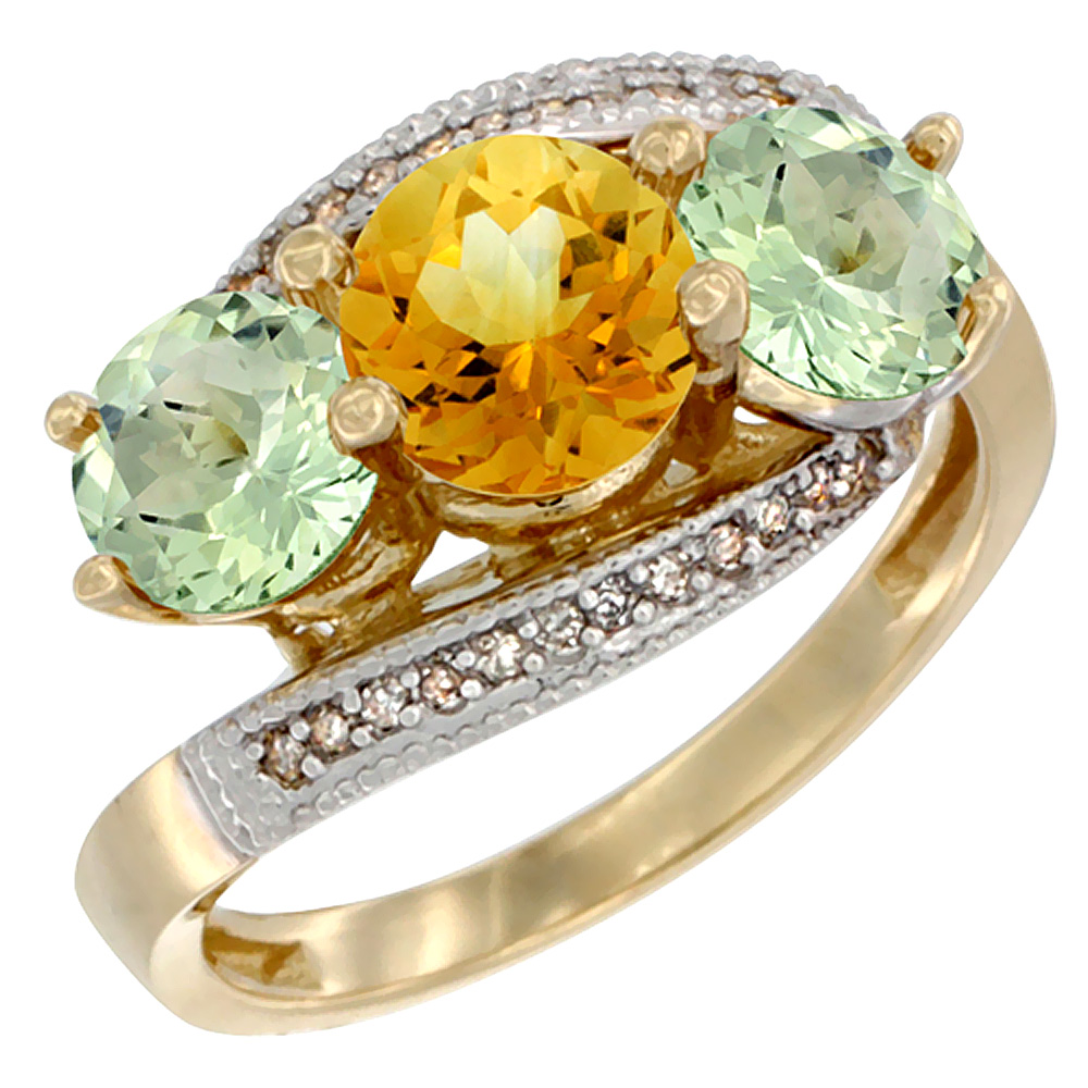 10K Yellow Gold Natural Citrine & Green Amethyst Sides 3 stone Ring Round 6mm Diamond Accent, sizes 5 - 10