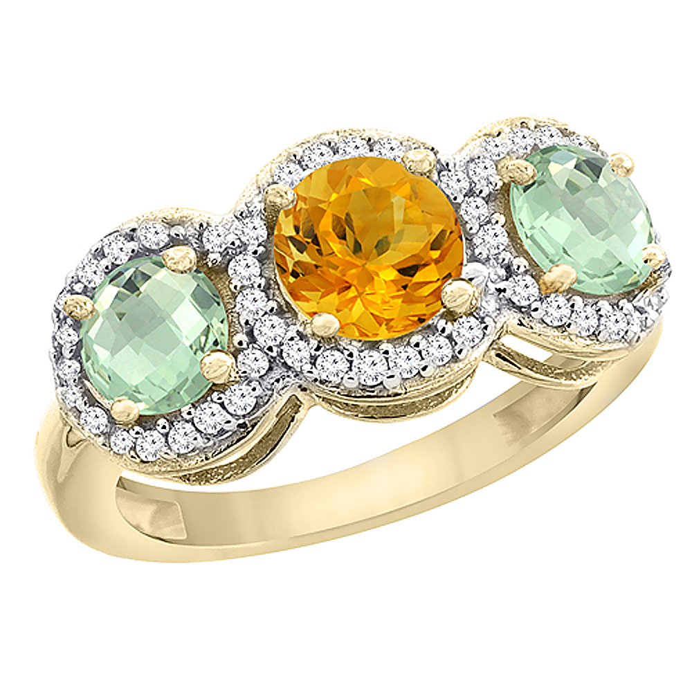 14K Yellow Gold Natural Citrine & Green Amethyst Sides Round 3-stone Ring Diamond Accents, sizes 5 - 10