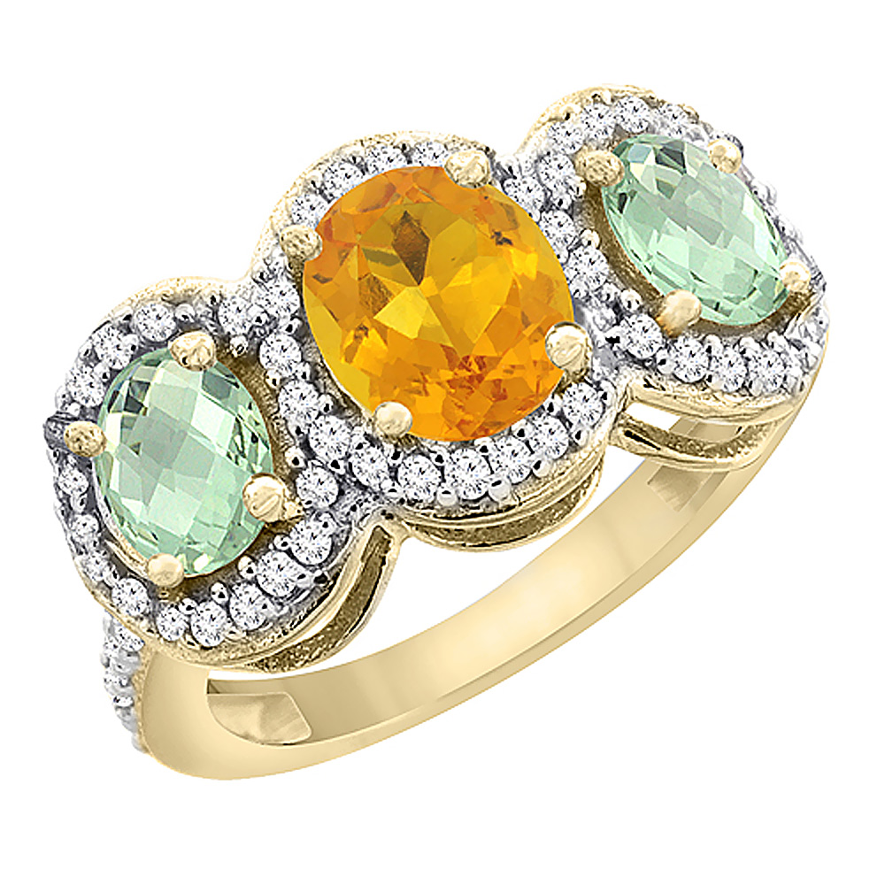 14K Yellow Gold Natural Citrine & Green Amethyst 3-Stone Ring Oval Diamond Accent, sizes 5 - 10
