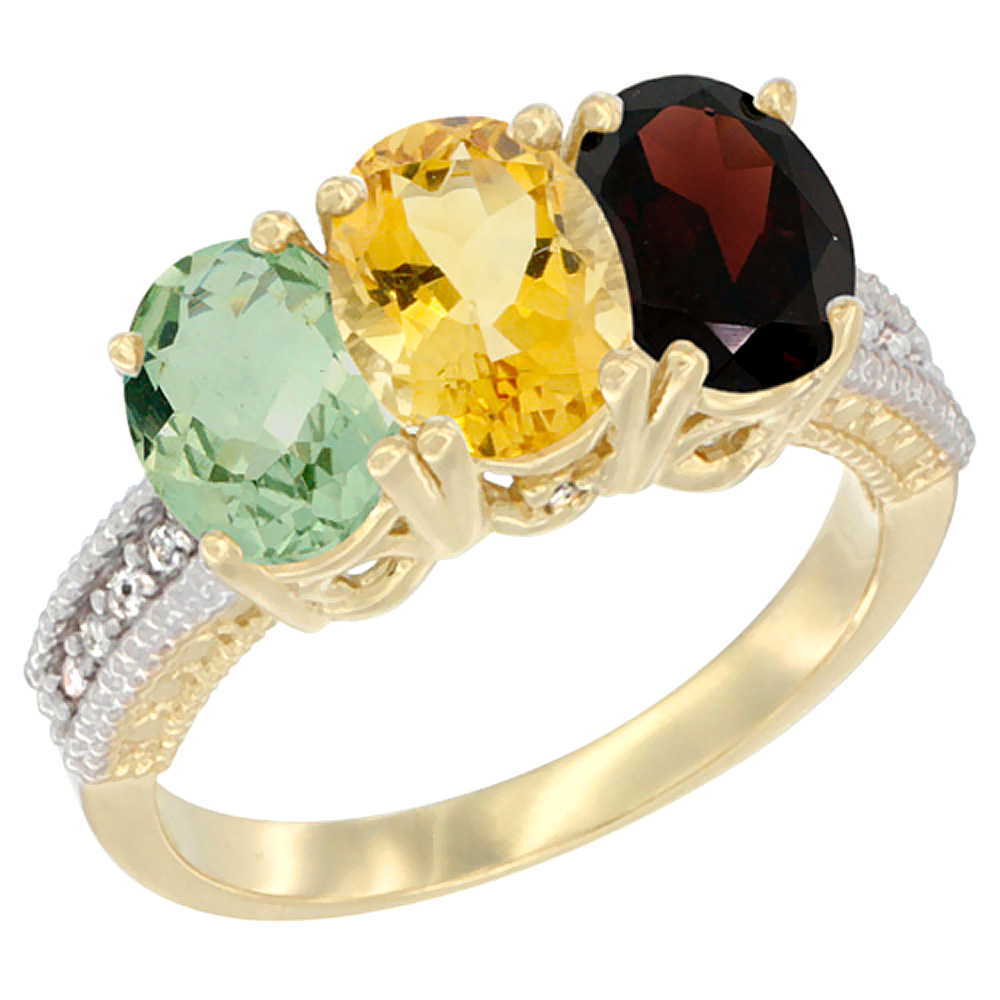 14K Yellow Gold Natural Green Amethyst, Citrine & Garnet Ring 3-Stone 7x5 mm Oval Diamond Accent, sizes 5 - 10