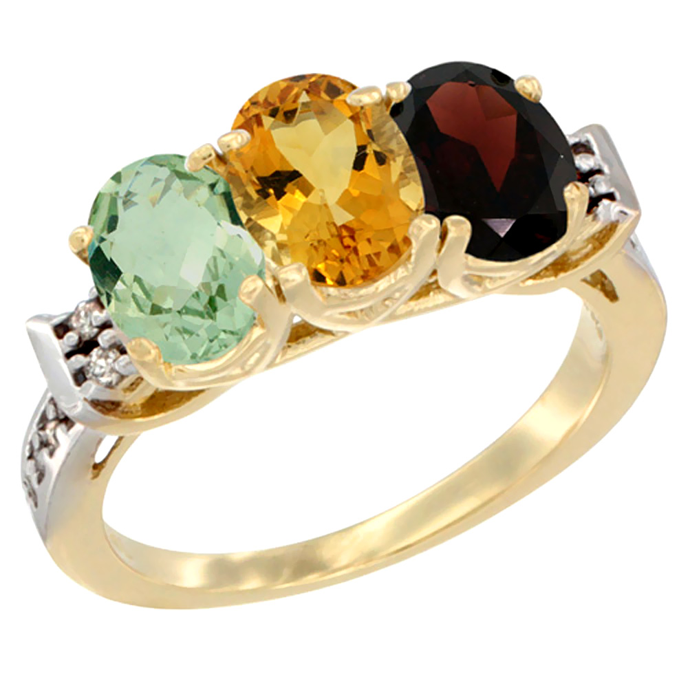 14K Yellow Gold Natural Green Amethyst, Citrine & Garnet Ring 3-Stone 7x5 mm Oval Diamond Accent, sizes 5 - 10