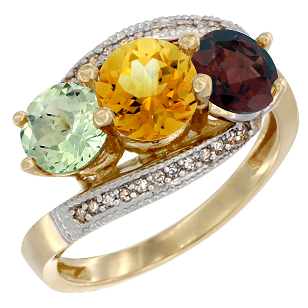10K Yellow Gold Natural Green Amethyst, Citrine &amp; Garnet 3 stone Ring Round 6mm Diamond Accent, sizes 5 - 10
