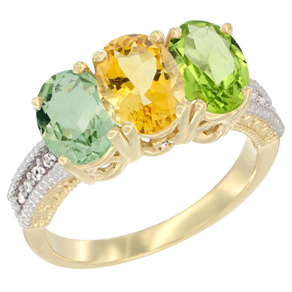 14K Yellow Gold Natural Green Amethyst, Citrine & Peridot Ring 3-Stone 7x5 mm Oval Diamond Accent, sizes 5 - 10