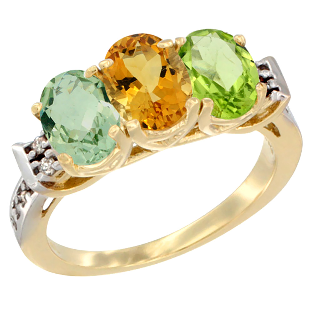 14K Yellow Gold Natural Green Amethyst, Citrine &amp; Peridot Ring 3-Stone 7x5 mm Oval Diamond Accent, sizes 5 - 10