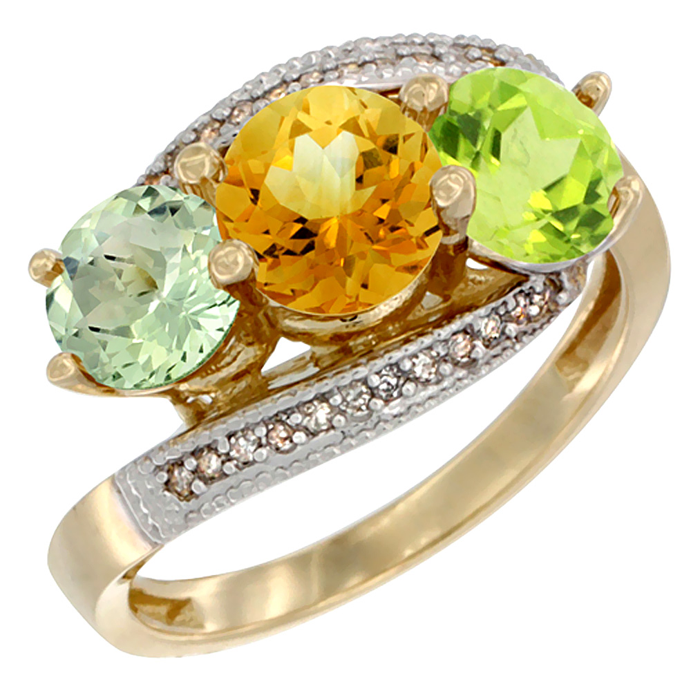 10K Yellow Gold Natural Green Amethyst, Citrine &amp; Peridot 3 stone Ring Round 6mm Diamond Accent, sizes 5 - 10