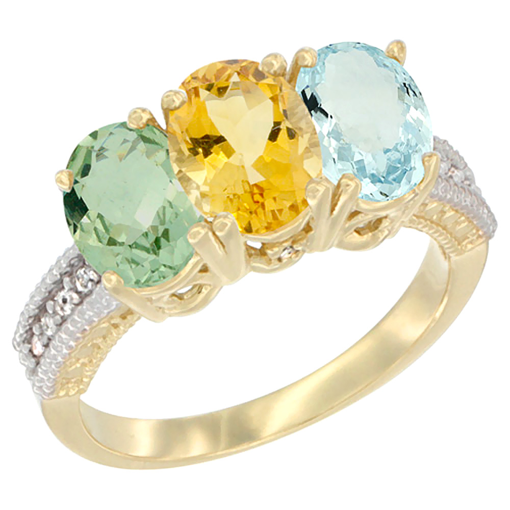 14K Yellow Gold Natural Green Amethyst, Citrine &amp; Aquamarine Ring 3-Stone 7x5 mm Oval Diamond Accent, sizes 5 - 10