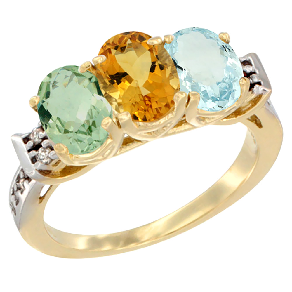 10K Yellow Gold Natural Green Amethyst, Citrine & Aquamarine Ring 3-Stone Oval 7x5 mm Diamond Accent, sizes 5 - 10