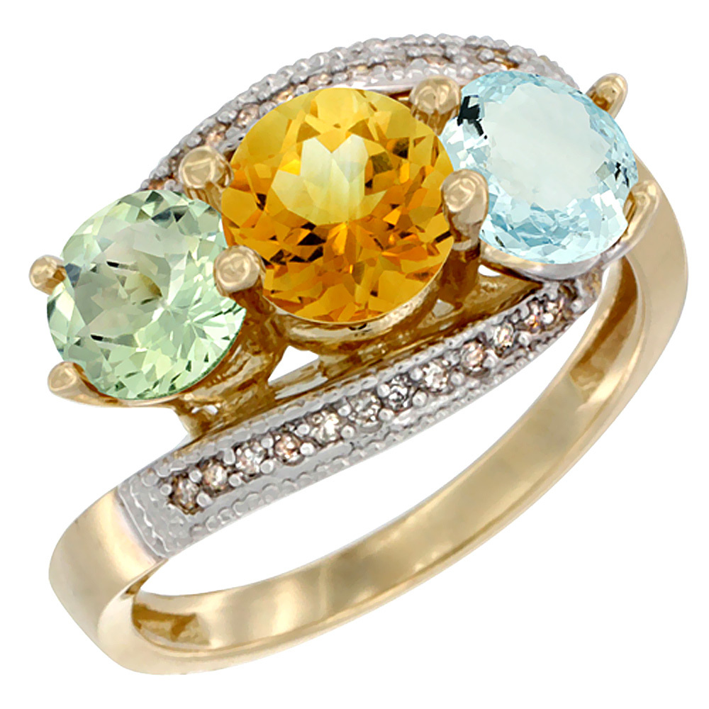 10K Yellow Gold Natural Green Amethyst, Citrine &amp; Aquamarine 3 stone Ring Round 6mm Diamond Accent, sizes 5 - 10
