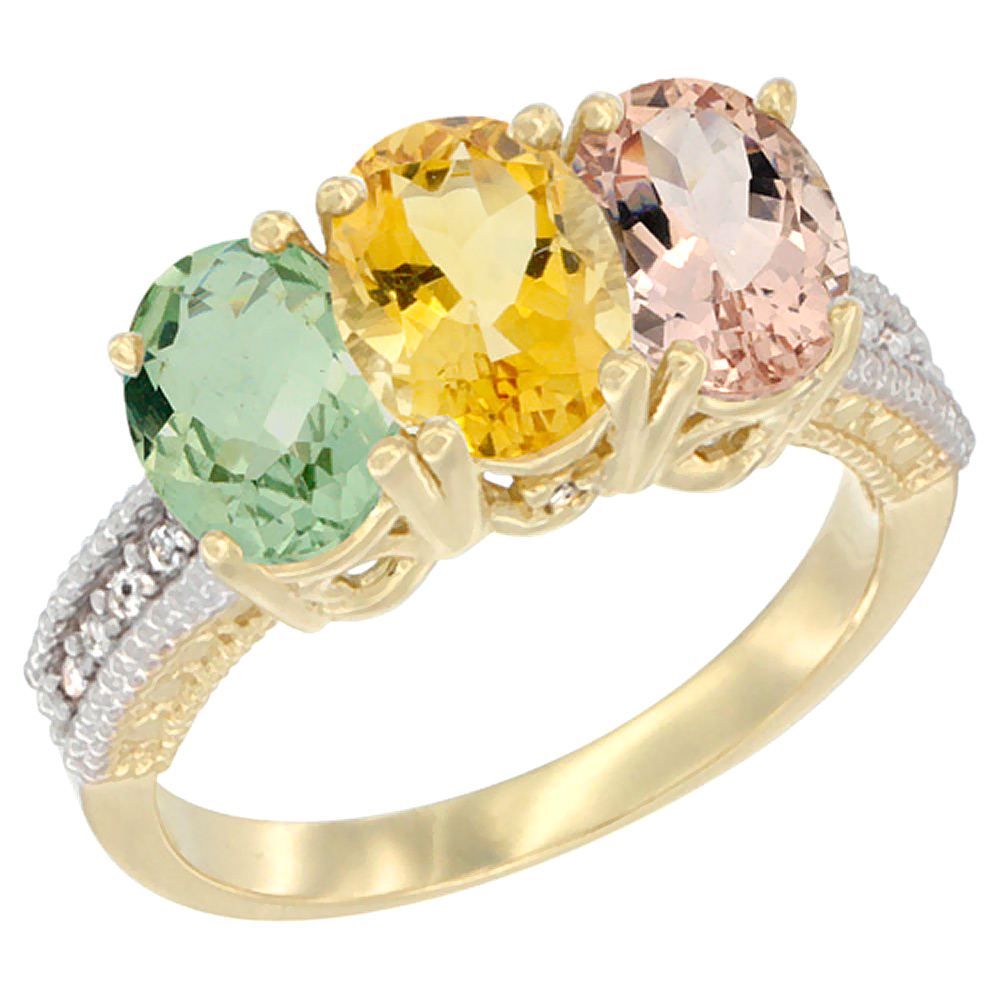 14K Yellow Gold Natural Green Amethyst, Citrine &amp; Morganite Ring 3-Stone 7x5 mm Oval Diamond Accent, sizes 5 - 10