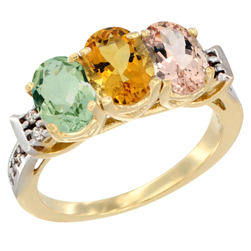 10K Yellow Gold Natural Green Amethyst, Citrine &amp; Morganite Ring 3-Stone Oval 7x5 mm Diamond Accent, sizes 5 - 10
