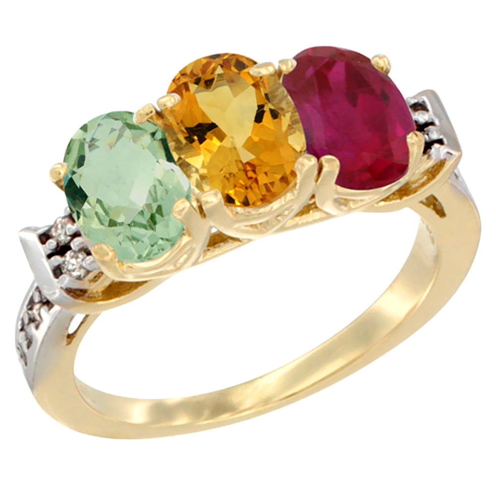 10K Yellow Gold Natural Green Amethyst, Citrine &amp; Enhanced Ruby Ring 3-Stone Oval 7x5 mm Diamond Accent, sizes 5 - 10