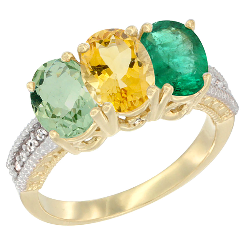 14K Yellow Gold Natural Green Amethyst, Citrine &amp; Emerald Ring 3-Stone 7x5 mm Oval Diamond Accent, sizes 5 - 10