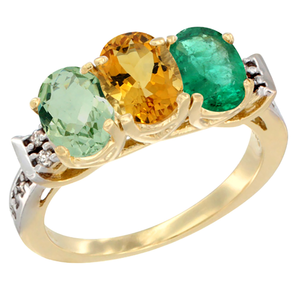 14K Yellow Gold Natural Green Amethyst, Citrine & Emerald Ring 3-Stone 7x5 mm Oval Diamond Accent, sizes 5 - 10