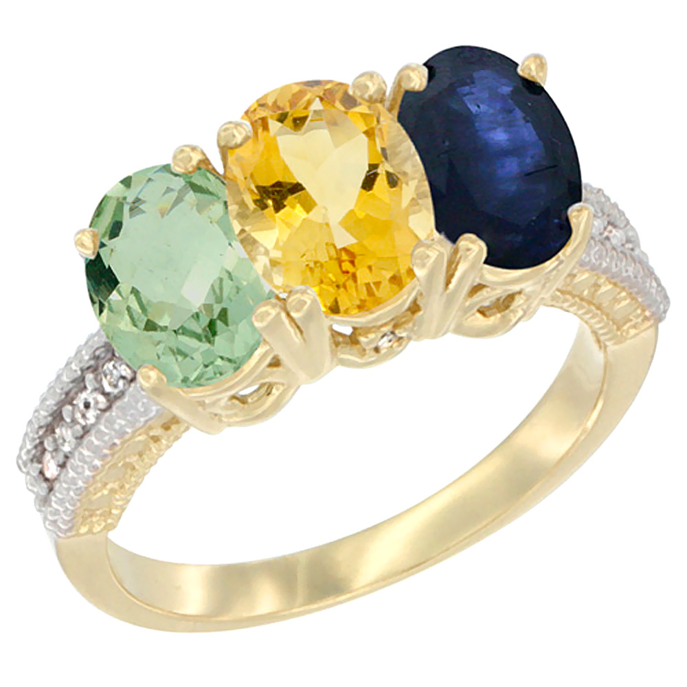 14K Yellow Gold Natural Green Amethyst, Citrine &amp; Blue Sapphire Ring 3-Stone 7x5 mm Oval Diamond Accent, sizes 5 - 10