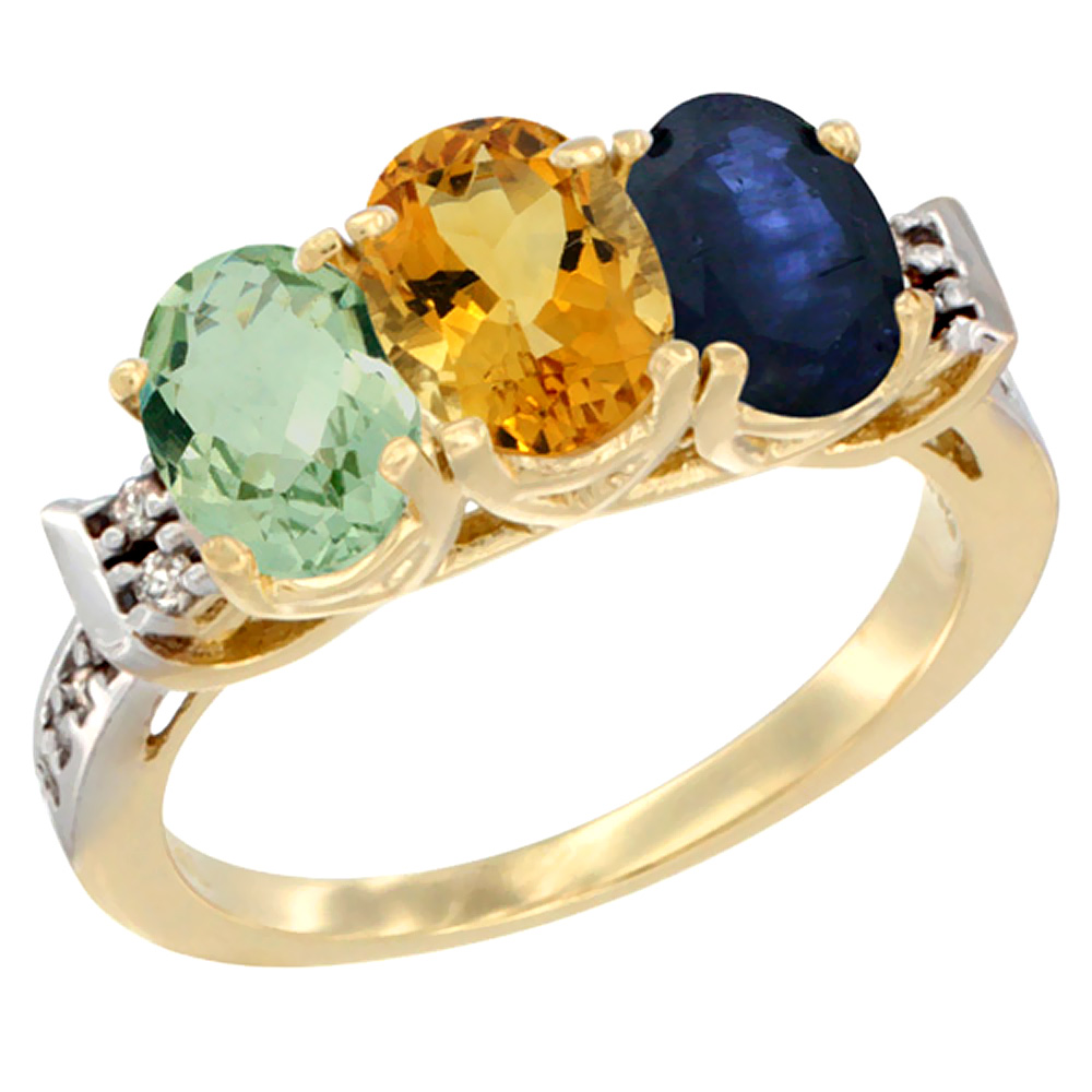 14K Yellow Gold Natural Green Amethyst, Citrine & Blue Sapphire Ring 3-Stone 7x5 mm Oval Diamond Accent, sizes 5 - 10