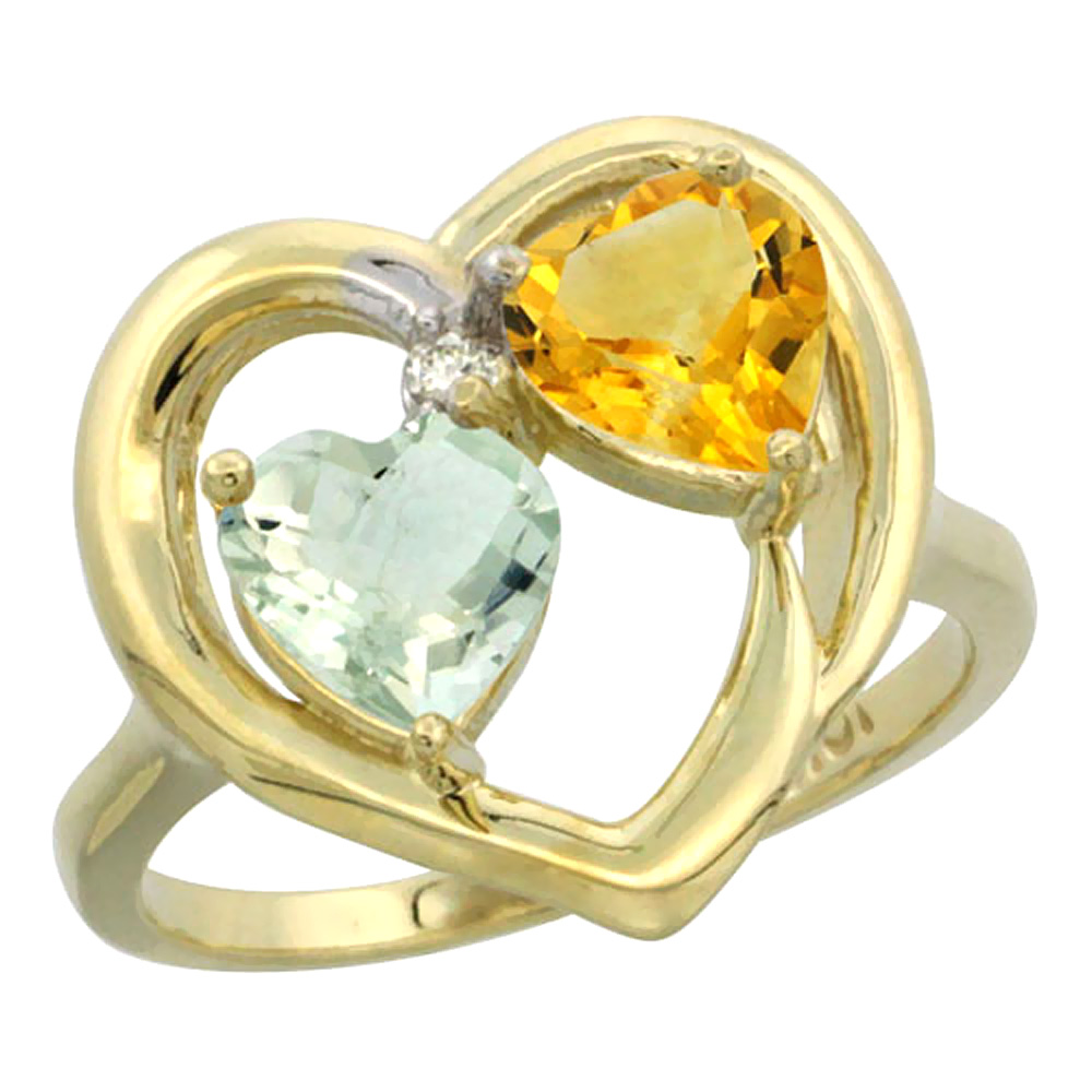 14K Yellow Gold Diamond Two-stone Heart Ring 6mm Natural Green Amethyst & Citrine, sizes 5-10