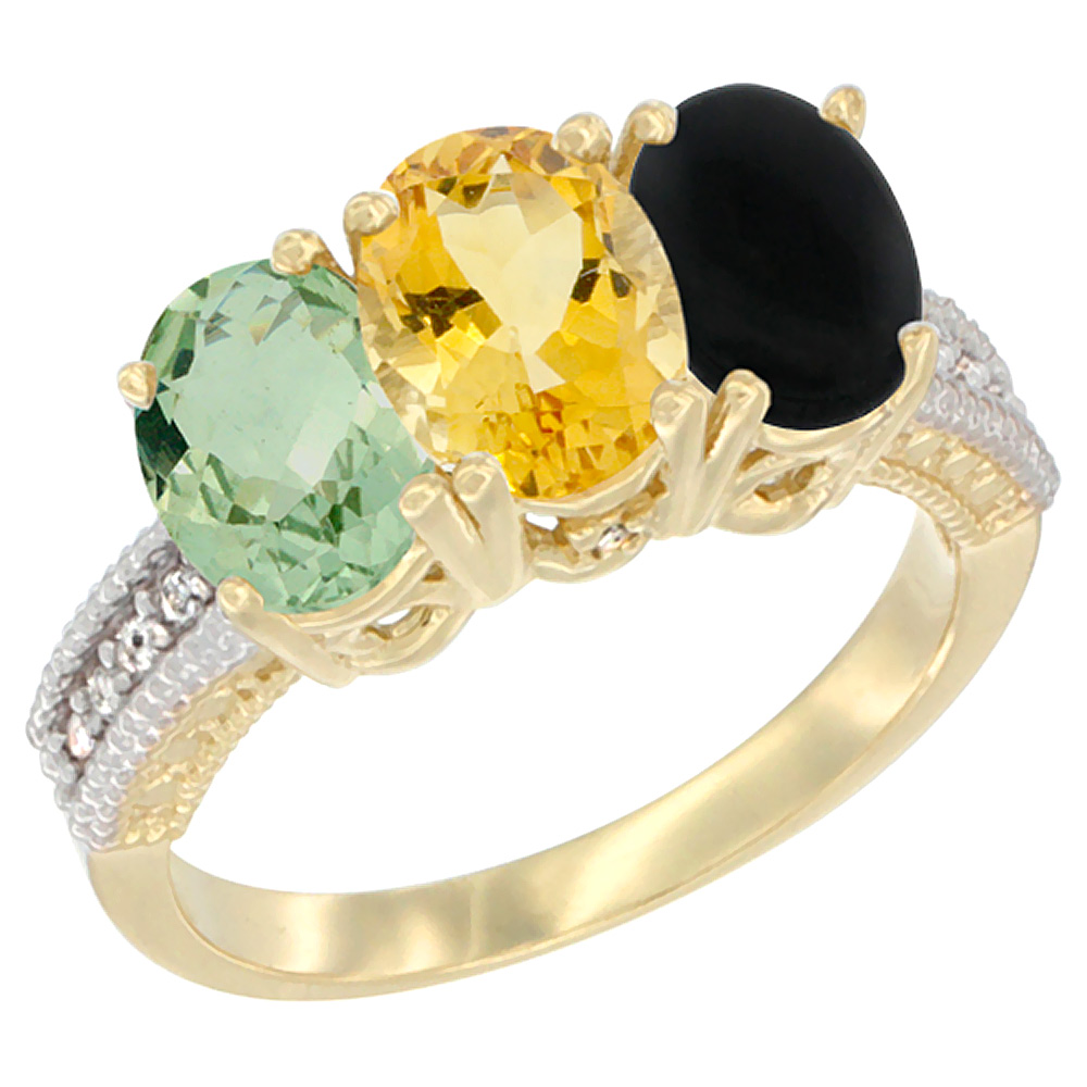 14K Yellow Gold Natural Green Amethyst, Citrine &amp; Black Onyx Ring 3-Stone 7x5 mm Oval Diamond Accent, sizes 5 - 10
