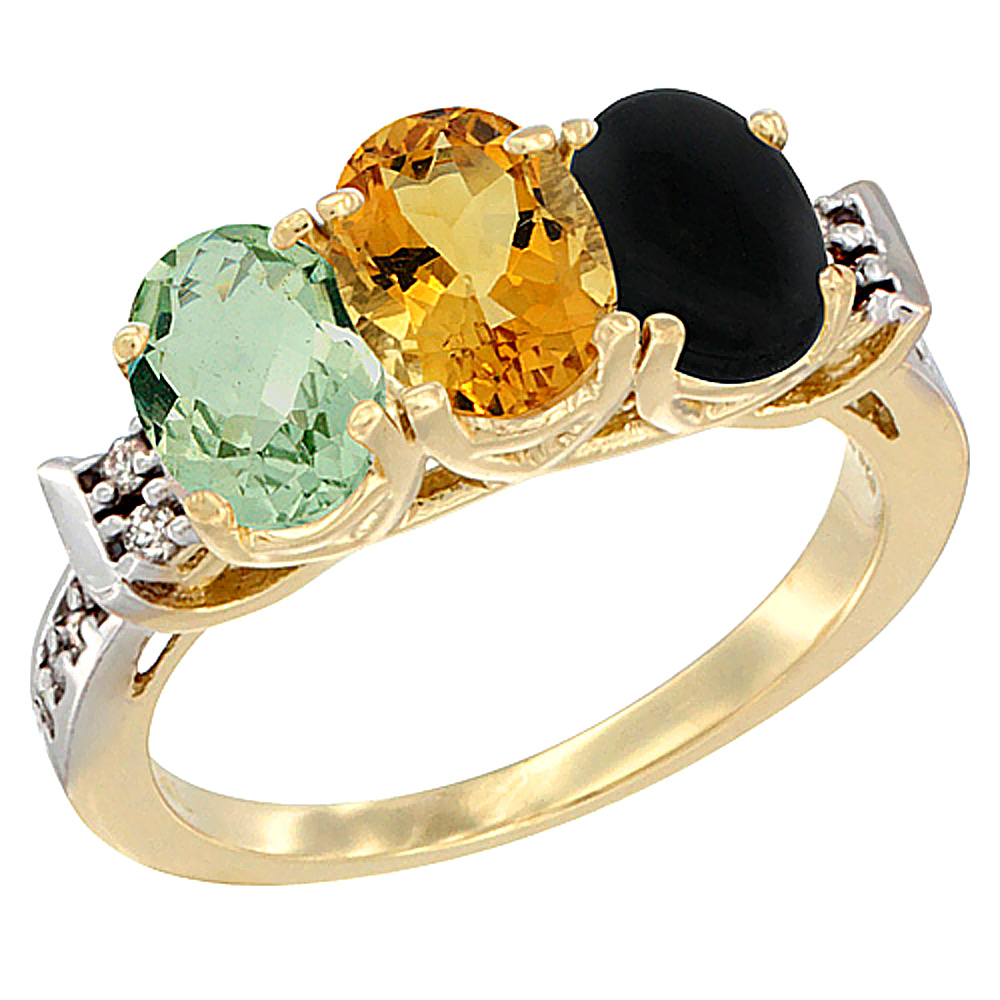 14K Yellow Gold Natural Green Amethyst, Citrine & Black Onyx Ring 3-Stone 7x5 mm Oval Diamond Accent, sizes 5 - 10