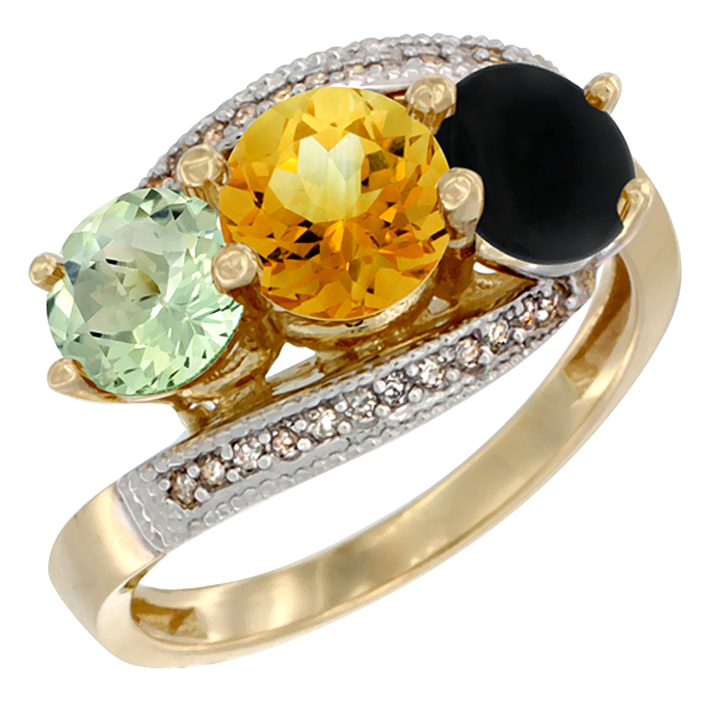 10K Yellow Gold Natural Green Amethyst, Citrine &amp; Black Onyx 3 stone Ring Round 6mm Diamond Accent, sizes 5 - 10