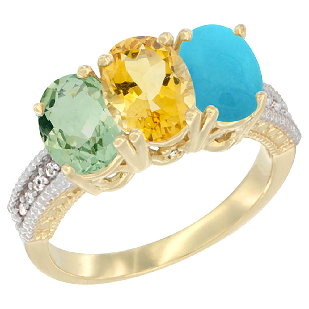 14K Yellow Gold Natural Green Amethyst, Citrine &amp; Turquoise Ring 3-Stone 7x5 mm Oval Diamond Accent, sizes 5 - 10