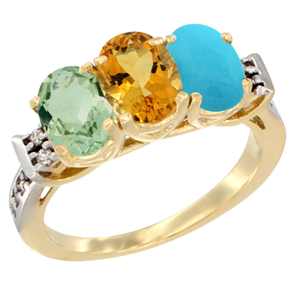 14K Yellow Gold Natural Green Amethyst, Citrine & Turquoise Ring 3-Stone 7x5 mm Oval Diamond Accent, sizes 5 - 10
