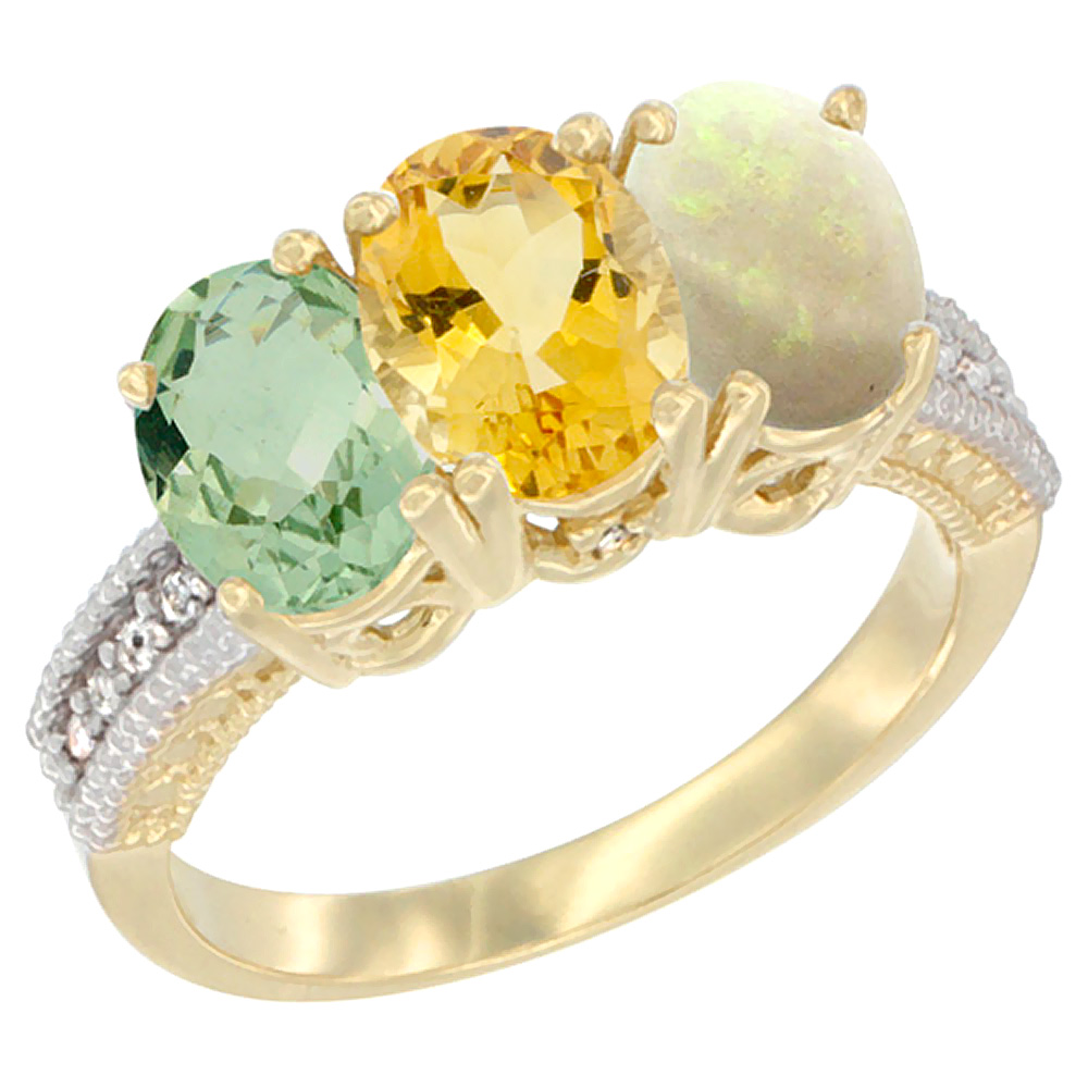 14K Yellow Gold Natural Green Amethyst, Citrine & Opal Ring 3-Stone 7x5 mm Oval Diamond Accent, sizes 5 - 10