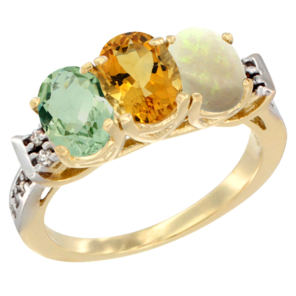 10K Yellow Gold Natural Green Amethyst, Citrine & Opal Ring 3-Stone Oval 7x5 mm Diamond Accent, sizes 5 - 10
