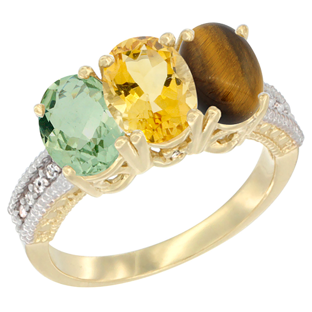 14K Yellow Gold Natural Green Amethyst, Citrine &amp; Tiger Eye Ring 3-Stone 7x5 mm Oval Diamond Accent, sizes 5 - 10