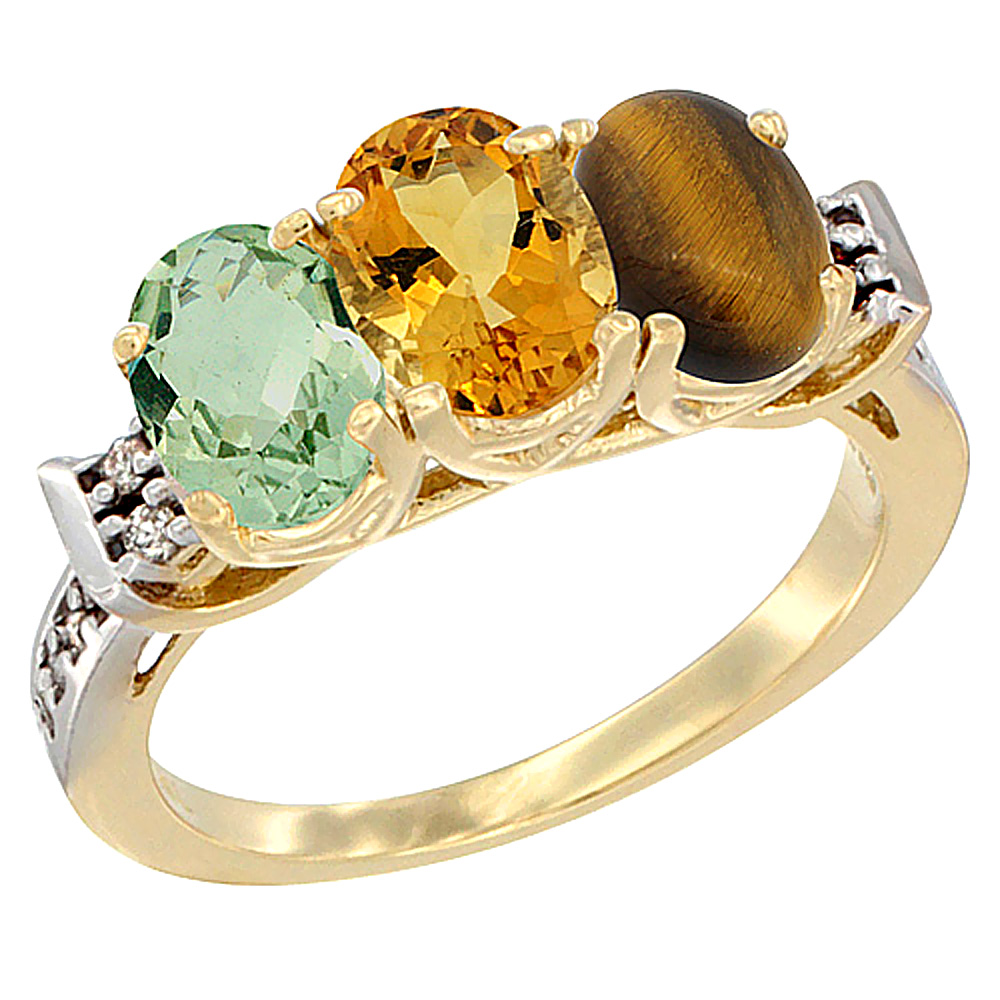 14K Yellow Gold Natural Green Amethyst, Citrine & Tiger Eye Ring 3-Stone 7x5 mm Oval Diamond Accent, sizes 5 - 10