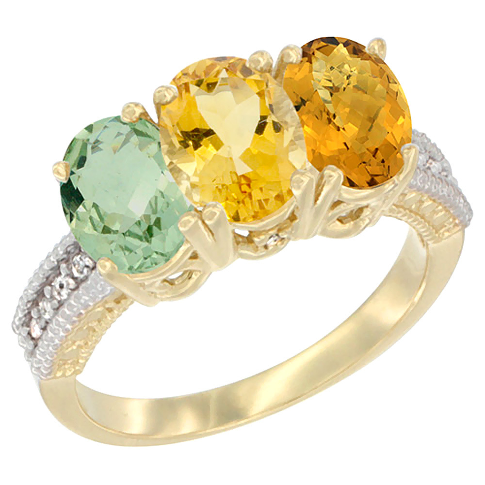 14K Yellow Gold Natural Green Amethyst, Citrine & Whisky Quartz Ring 3-Stone 7x5 mm Oval Diamond Accent, sizes 5 - 10