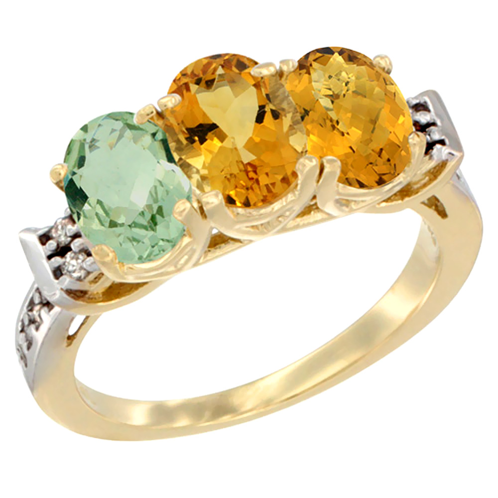 10K Yellow Gold Natural Green Amethyst, Citrine &amp; Whisky Quartz Ring 3-Stone Oval 7x5 mm Diamond Accent, sizes 5 - 10