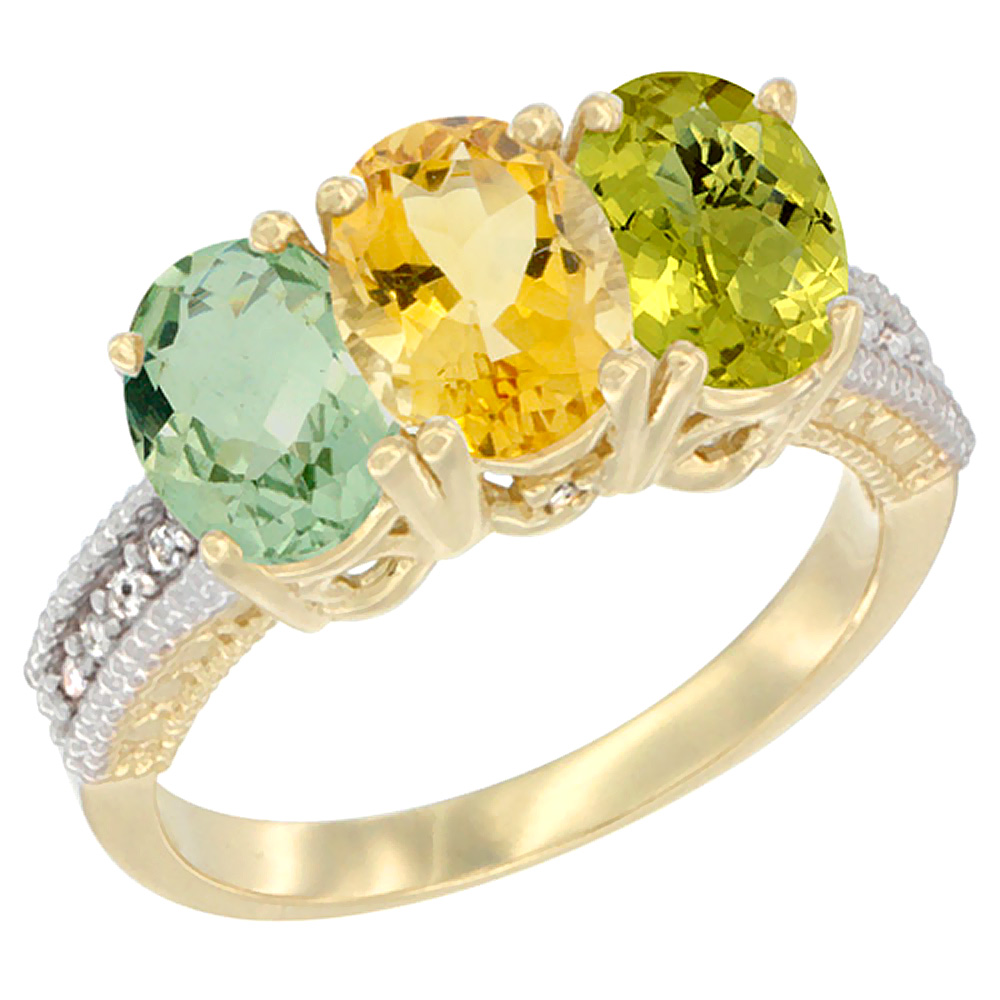 14K Yellow Gold Natural Green Amethyst, Citrine &amp; Lemon Quartz Ring 3-Stone 7x5 mm Oval Diamond Accent, sizes 5 - 10