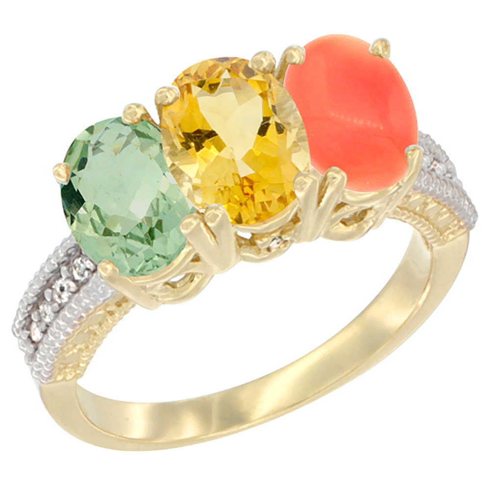 14K Yellow Gold Natural Green Amethyst, Citrine &amp; Coral Ring 3-Stone 7x5 mm Oval Diamond Accent, sizes 5 - 10