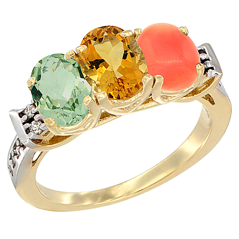 14K Yellow Gold Natural Green Amethyst, Citrine & Coral Ring 3-Stone 7x5 mm Oval Diamond Accent, sizes 5 - 10