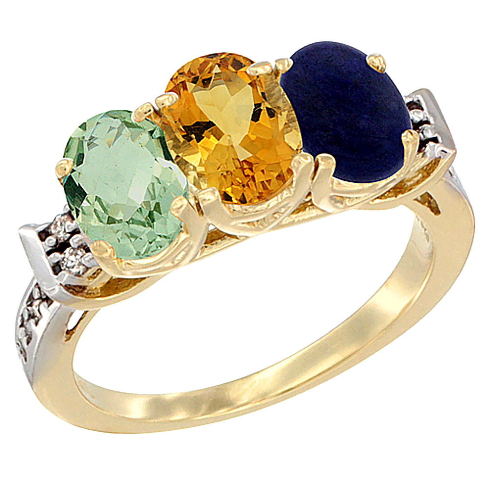 14K Yellow Gold Natural Green Amethyst, Citrine & Lapis Ring 3-Stone 7x5 mm Oval Diamond Accent, sizes 5 - 10