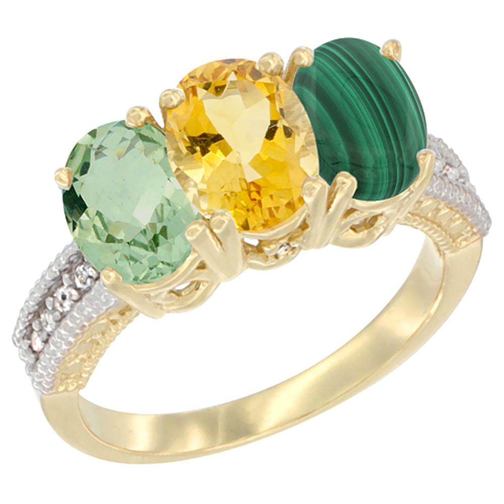 10K Yellow Gold Diamond Natural Green Amethyst, Citrine &amp; Malachite Ring 3-Stone Oval 7x5 mm, sizes 5 - 10