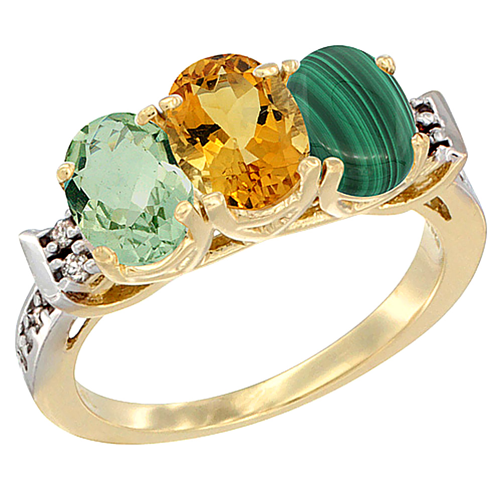 10K Yellow Gold Natural Green Amethyst, Citrine &amp; Malachite Ring 3-Stone Oval 7x5 mm Diamond Accent, sizes 5 - 10