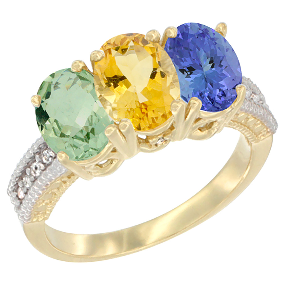 14K Yellow Gold Natural Green Amethyst, Citrine &amp; Tanzanite Ring 3-Stone 7x5 mm Oval Diamond Accent, sizes 5 - 10
