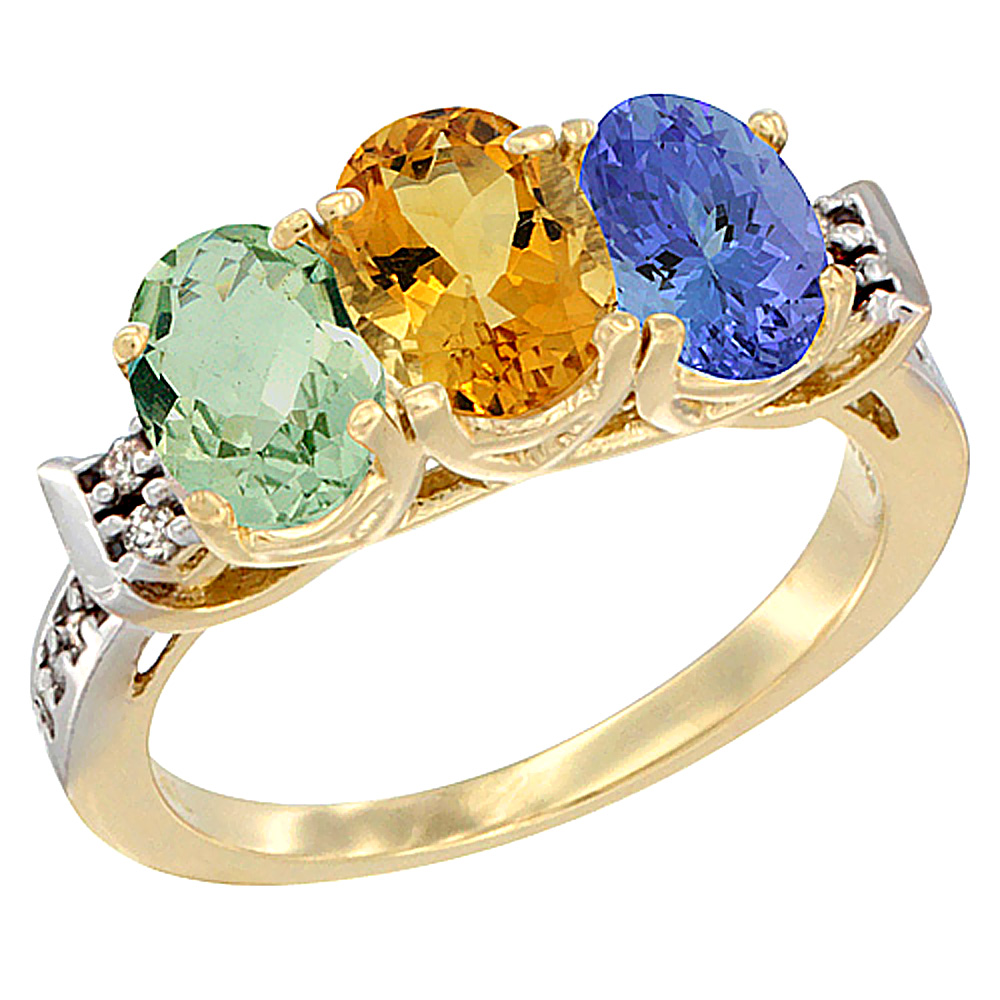 14K Yellow Gold Natural Green Amethyst, Citrine & Tanzanite Ring 3-Stone 7x5 mm Oval Diamond Accent, sizes 5 - 10