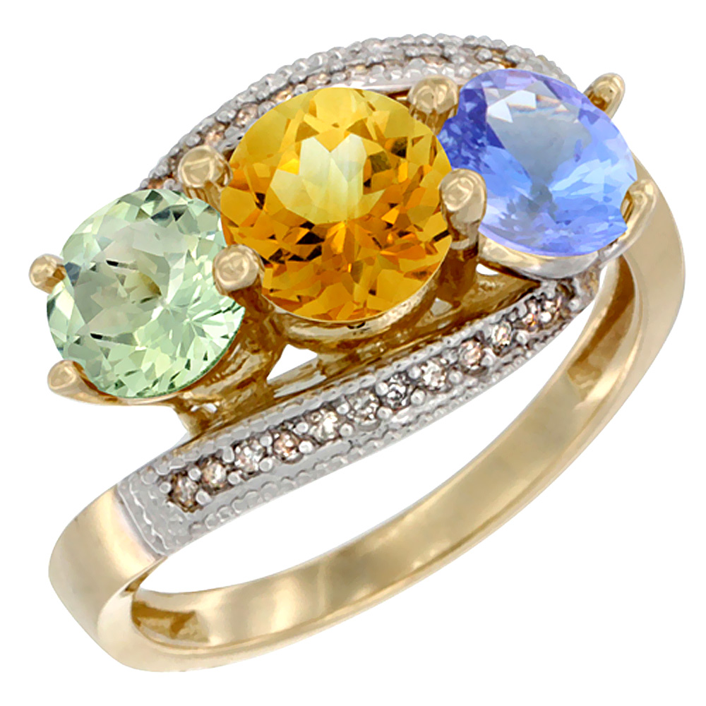 10K Yellow Gold Natural Green Amethyst, Citrine &amp; Tanzanite 3 stone Ring Round 6mm Diamond Accent, sizes 5 - 10
