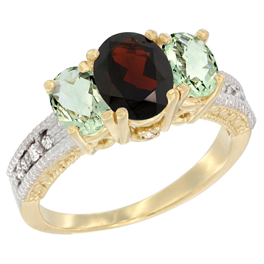 10K Yellow Gold Diamond Natural Garnet Ring Oval 3-stone with Green Amethyst, sizes 5 - 10
