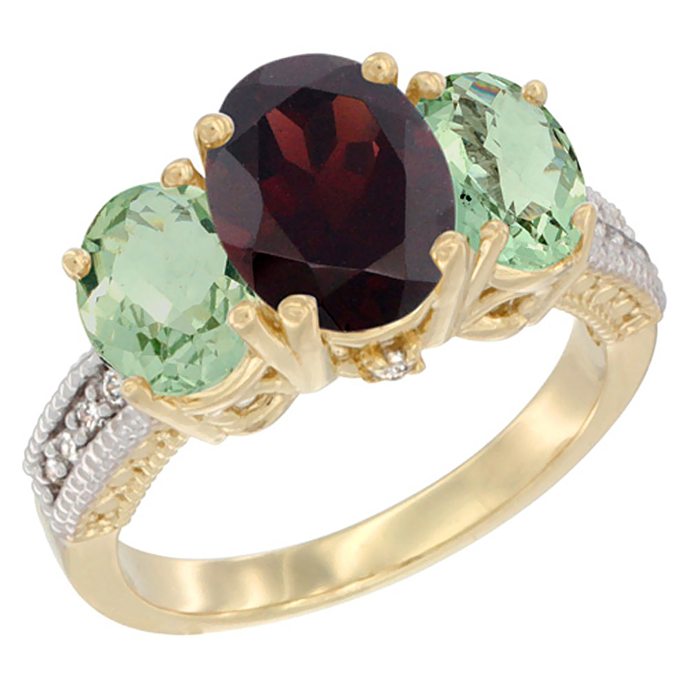 10K Yellow Gold Diamond Natural Garnet Ring 3-Stone Oval 8x6mm with Green Amethyst, sizes5-10