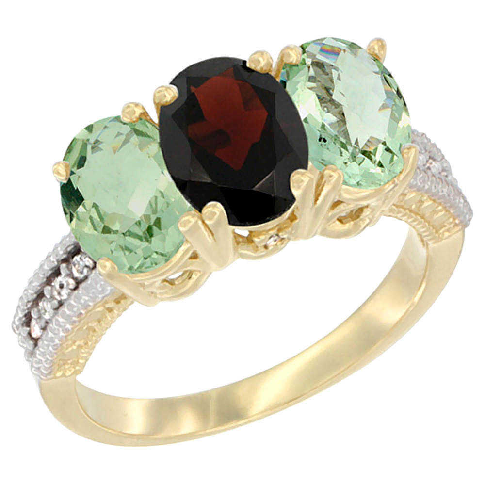 14K Yellow Gold Natural Garnet & Green Amethyst Sides Ring 3-Stone 7x5 mm Oval Diamond Accent, sizes 5 - 10