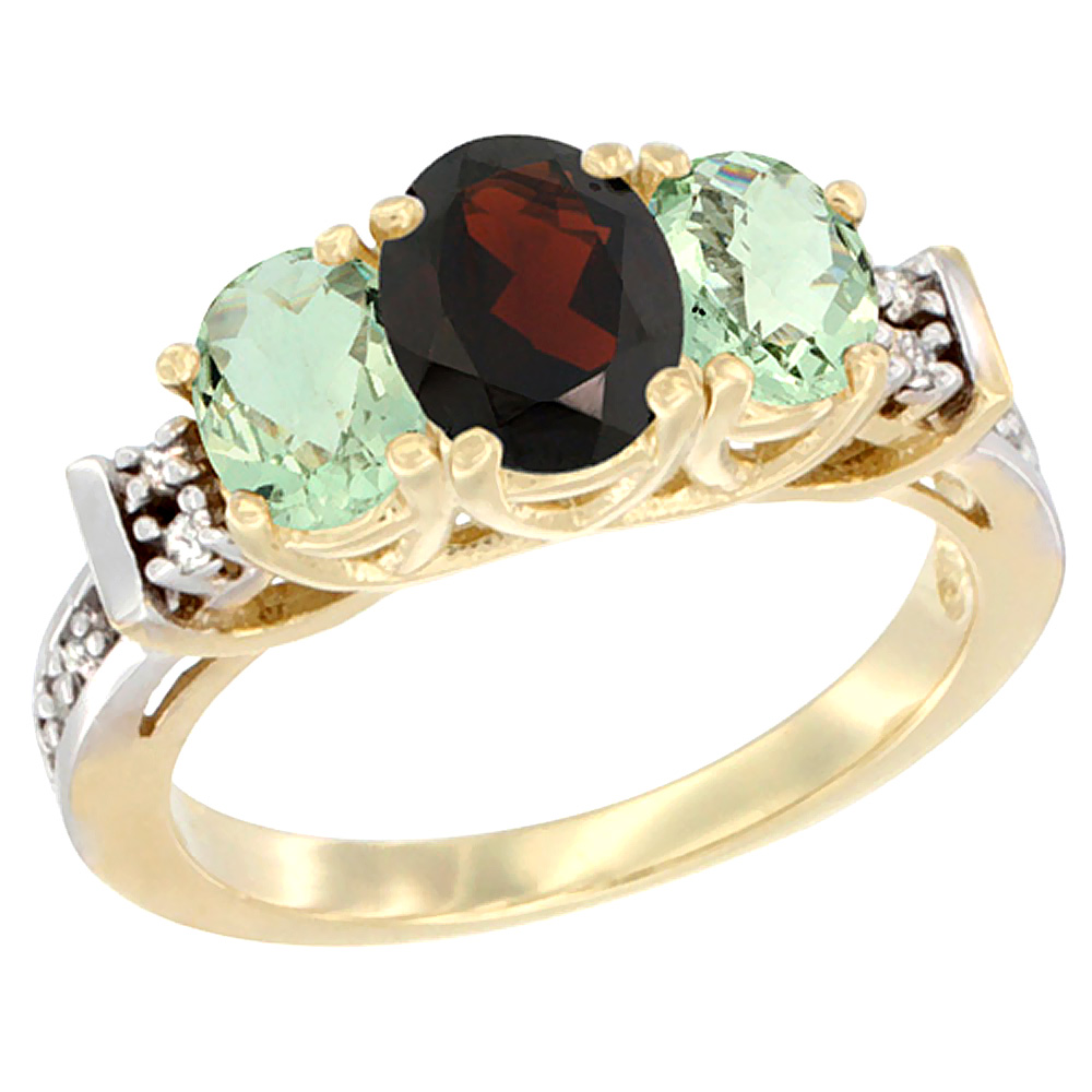 10K Yellow Gold Natural Garnet &amp; Green Amethyst Ring 3-Stone Oval Diamond Accent