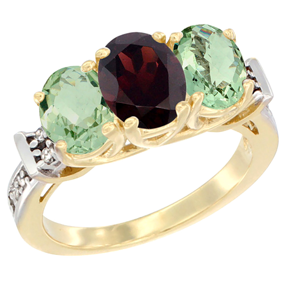 14K Yellow Gold Natural Garnet & Green Amethyst Sides Ring 3-Stone Oval Diamond Accent, sizes 5 - 10
