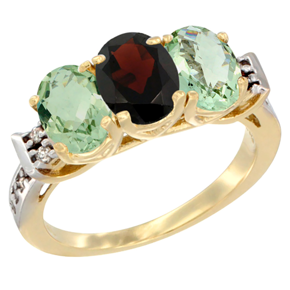 10K Yellow Gold Natural Garnet &amp; Green Amethyst Sides Ring 3-Stone Oval 7x5 mm Diamond Accent, sizes 5 - 10