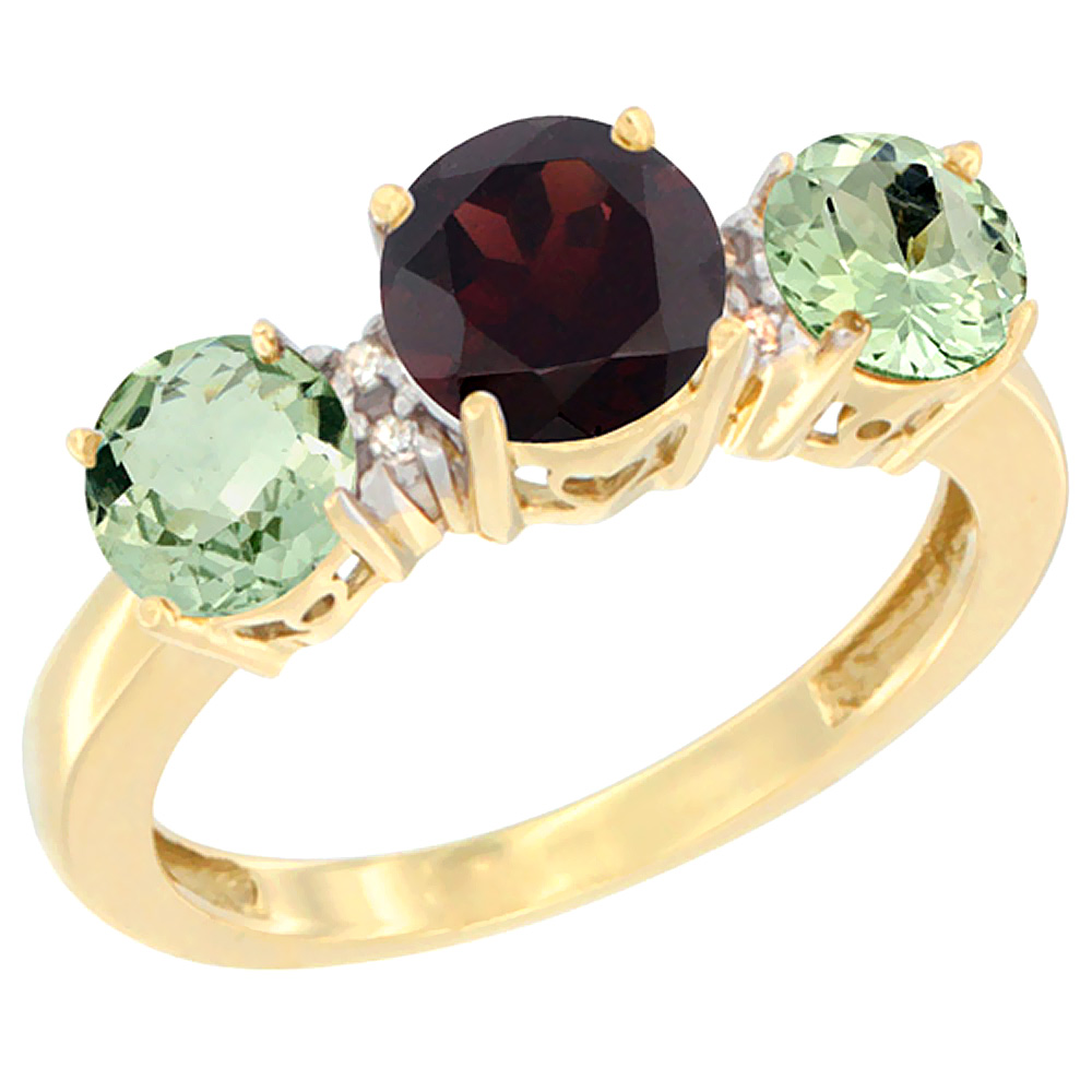 10K Yellow Gold Round 3-Stone Natural Garnet Ring & Green Amethyst Sides Diamond Accent, sizes 5 - 10